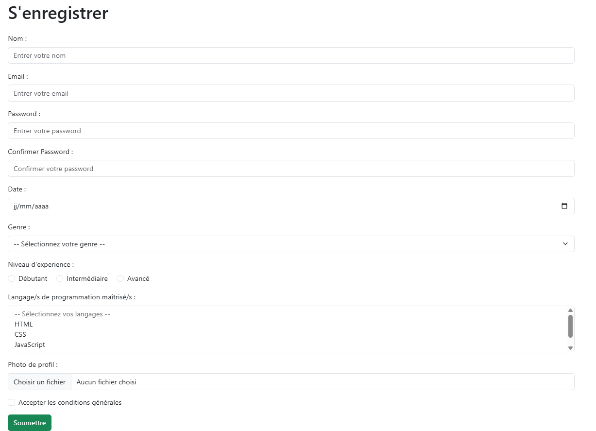 Interface du formulaire d'inscription