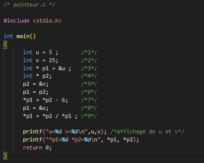 Code source TP3 - Programme pointeur.c avec analyse des variables